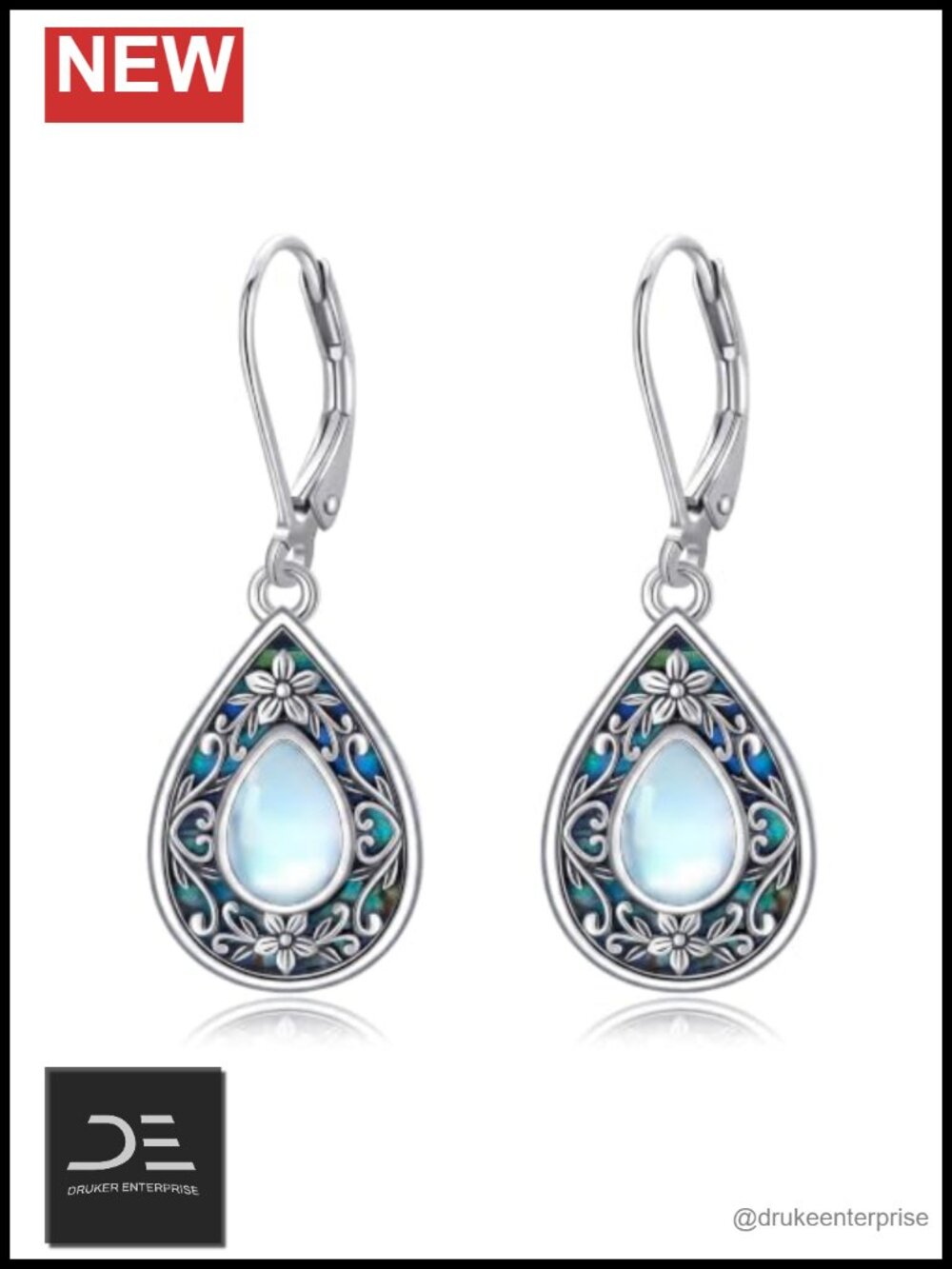 Vintage Moonstone Flower Dangle Earrings 925 Sterling Silver Abalone Back